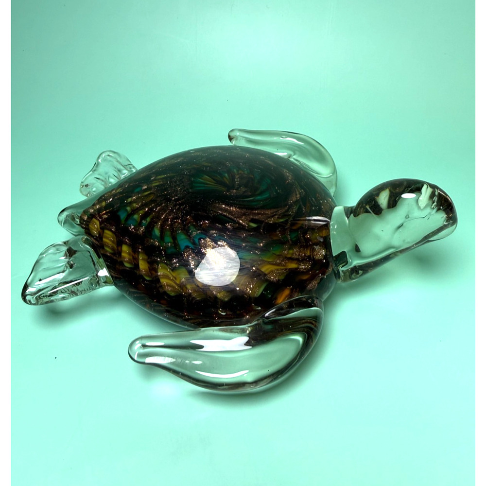 Heavy Handblown Art Glass Sea Turtle Gold Ribbon Blue Swirl Paperweight Sealife